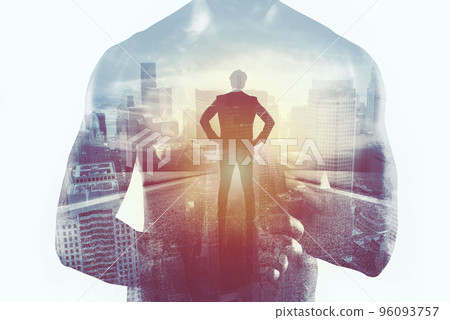 Power and determination of a fighter businessman. Double exposure 96093757
