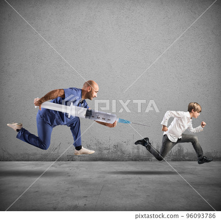 Fear of the vaccine concept with running child Fear of the vaccine concept with running child 96093786