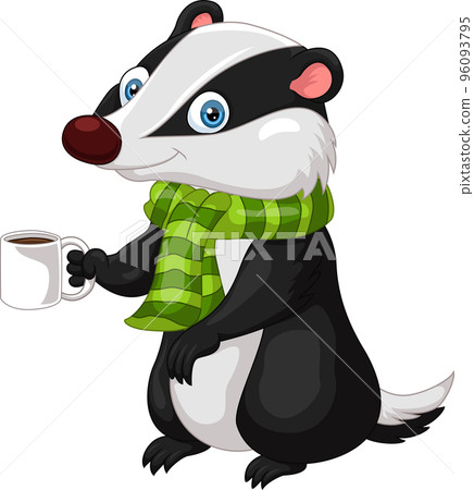 Cartoon badger wearing scarf holding hot coffee 96093795