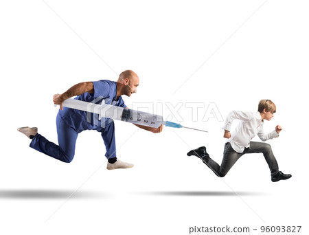 Fear of the vaccine concept with running child Fear of the vaccine concept with running child 96093827