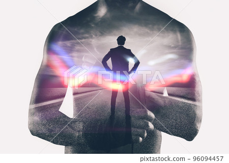 Power and determination of a fighter businessman. Double exposure Power and determination of a fighter businessman. Double exposure 96094457