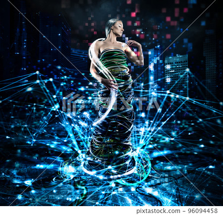 Concept of internet connection and technology with a woman surrounded by cables Concept of internet connection and technology with a woman surrounded by cables 96094458