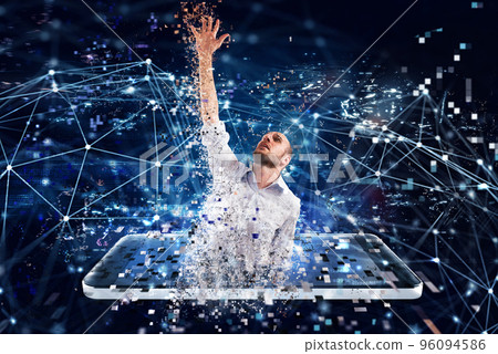 Captured businessman from internet technology. Concept of internet addiction Captured businessman from internet technology. Concept of internet addiction 96094586