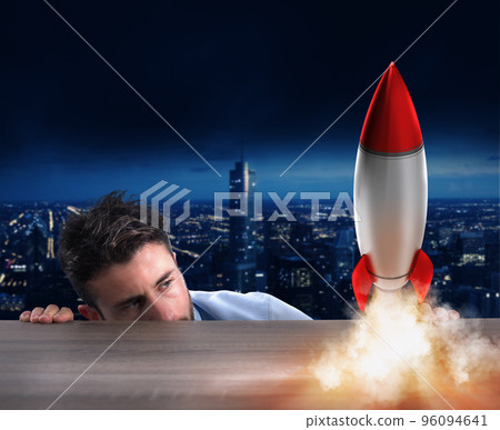 Startup of a new company with starting rocket. Concept of new business Startup of a new company with starting rocket. Concept of new business 96094641