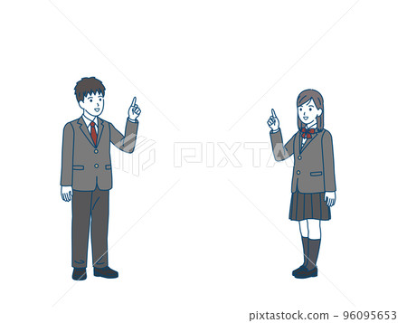 Illustration of male and female students pointing upwards Junior high and high school students Illustration of male and female students pointing upwards Junior high and high school students 96095653
