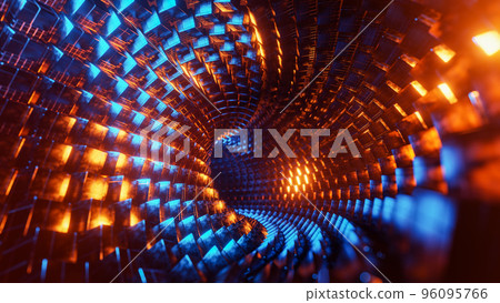 Flying through a tunnel of blue and orange metal cubes. 3D rendering illustration. Flying through a tunnel of blue and orange metal cubes. 3D rendering illustration. 96095766