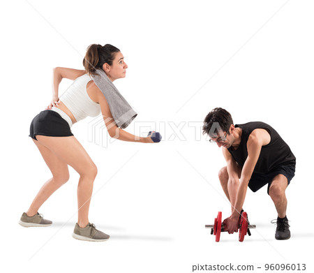 Boy and girl having difficulty at the gym Boy and girl having difficulty at the gym 96096013