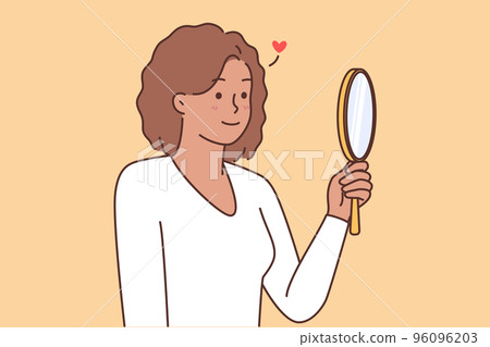 Smiling black woman look in mirror loving reflection  96096203