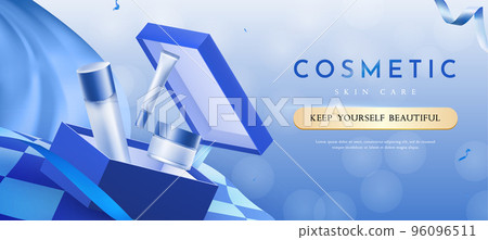 Blue Cosmetic Products for Skin Care with Open Gift Box Banner Template 96096511