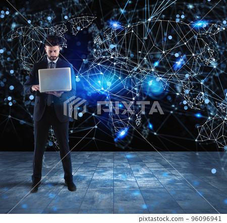 Businessman works with laptop and internet network Businessman works with laptop and internet network 96096941