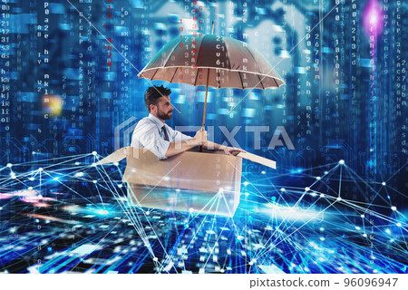 Businessman surfing the internet on a cardboard. Internet exploration concept 96096947