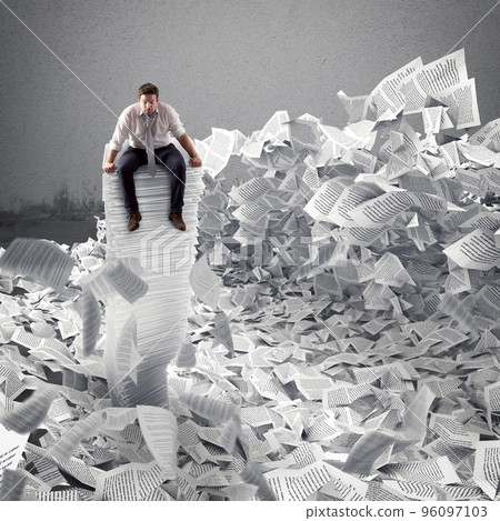 Businessman with paper sheet anywhere. Buried by bureaucracy concept. 96097103