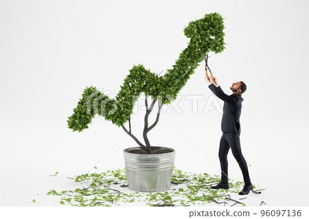 Businessman cares for a big plant shaped as an arrow Businessman cares for a big plant shaped as an arrow 96097136