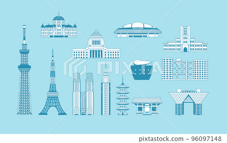 Tokyo Landmark/Famous Building/Building Illustration Set/Sky Tree/Tokyo Tower/National Diet Building 96097148