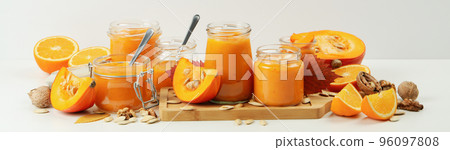 Concept of tasty food, pumpkin jam and ingredients on white table 96097808