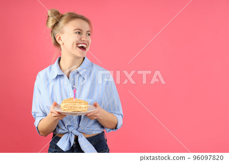 Concept of Happy Birthday with attractive girl on pink background 96097820