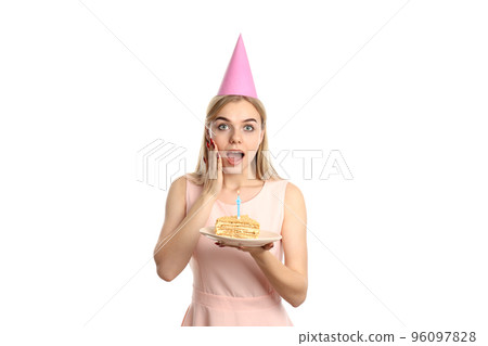 Concept of Happy Birthday with attractive girl, isolated on white background 96097828