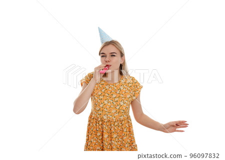 Concept of Happy Birthday with attractive girl, isolated on white background 96097832