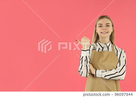 Concept of occupation, young barista on pink background 96097844