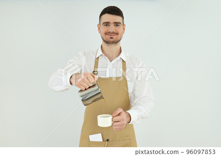 Concept of occupation, young barista on light background 96097853