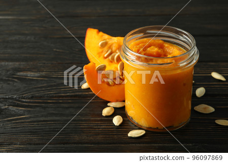 Concept of tasty food, pumpkin jam, space for text 96097869