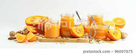 Concept of tasty food, pumpkin jam and ingredients 96097875