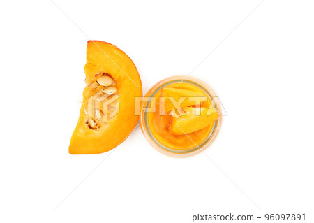 Pumpkin jam isolated on white background, top view Pumpkin jam isolated on white background, top view 96097891