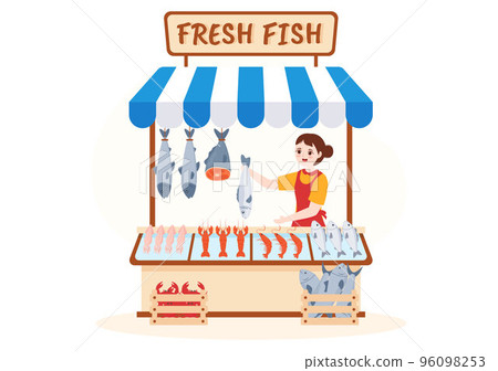 Fish Store to Market Various Fresh and Hygienic Products Seafood in Flat Cartoon Hand Drawn Templates Illustration Fish Store to Market Various Fresh and Hygienic Products Seafood in Flat Cartoon Hand Drawn Templates Illustration 96098253