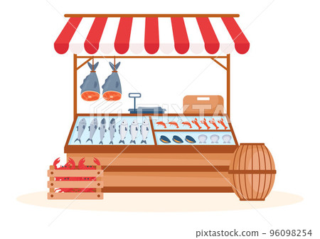 Fish Store to Market Various Fresh and Hygienic Products Seafood in Flat Cartoon Hand Drawn Templates Illustration 96098254