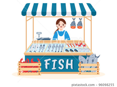 Fish Store to Market Various Fresh and Hygienic Products Seafood in Flat Cartoon Hand Drawn Templates Illustration Fish Store to Market Various Fresh and Hygienic Products Seafood in Flat Cartoon Hand Drawn Templates Illustration 96098255