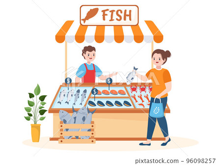 Fish Store to Market Various Fresh and Hygienic Products Seafood in Flat Cartoon Hand Drawn Templates Illustration Fish Store to Market Various Fresh and Hygienic Products Seafood in Flat Cartoon Hand Drawn Templates Illustration 96098257