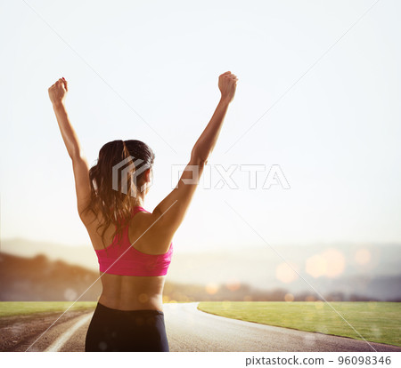 Girl exults in victory sign Girl exults in victory sign 96098346