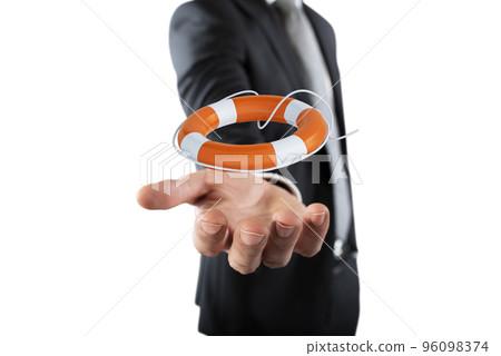 Businessman that hold a lifebelt. Concept of insurance and help in your business Businessman that hold a lifebelt. Concept of insurance and help in your business 96098374