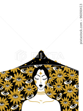 Woman on the background of a psychedelic ornament, the concept of microdosing. Vector illustration of a line with place for text. 96098413