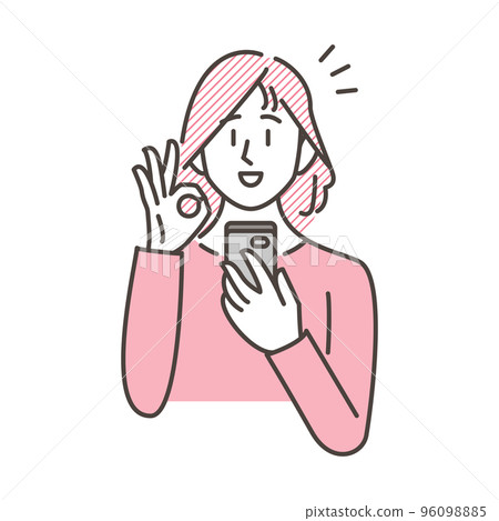A young woman who is happy to see a smartphone gives an OK sign with a smile vector illustration material 96098885