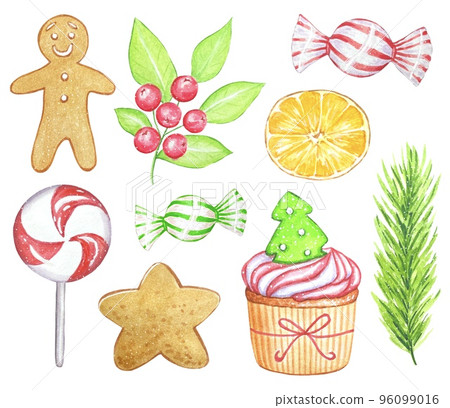 Set of Christmas sweets, food clipart, watercolor on white background Set of Christmas sweets, food clipart, watercolor on white background 96099016