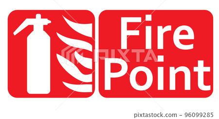 Red Fire Extinguisher sign, square icon, fireman warn isolated on white background. Text Fire point Red Fire Extinguisher sign, square icon, fireman warn isolated on white background. Text Fire point 96099285