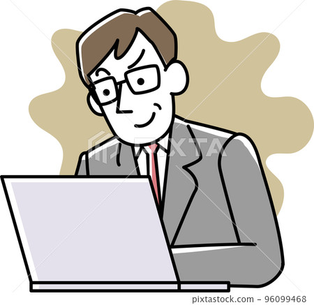 A man in a suit smiling while looking at a computer A man in a suit smiling while looking at a computer 96099468