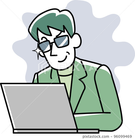 A man smiling while looking at a computer A man smiling while looking at a computer 96099469