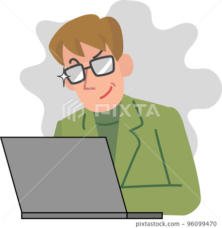 A man smiling while looking at a computer A man smiling while looking at a computer 96099470
