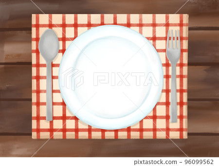 Colored pencil, watercolor, hand-drawn style, illustration of natural wood table and tableware 96099562