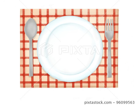 Colored pencil, watercolor, hand-drawn illustration of tableware and luncheon mat Colored pencil, watercolor, hand-drawn illustration of tableware and luncheon mat 96099563