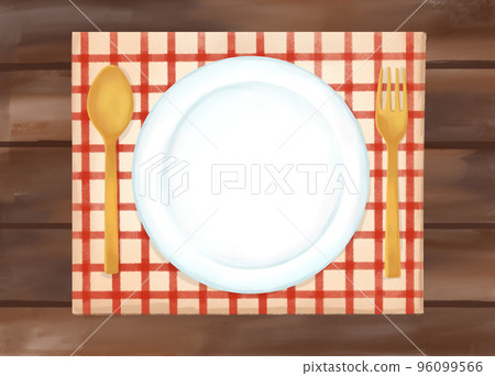 Colored pencil, watercolor, hand-drawn style, illustration of natural wood table and tableware Colored pencil, watercolor, hand-drawn style, illustration of natural wood table and tableware 96099566