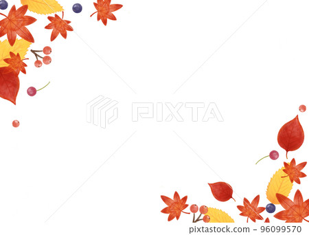 Colored pencil, watercolor, hand-drawn, natural cute frame of fallen leaves and nuts Colored pencil, watercolor, hand-drawn, natural cute frame of fallen leaves and nuts 96099570