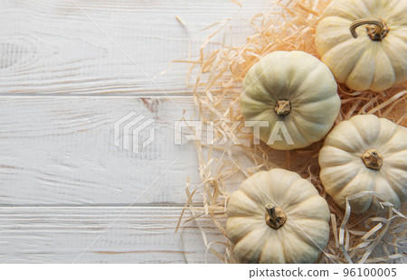 Thanksgiving or harvest flatlay with pumpkins 96100005