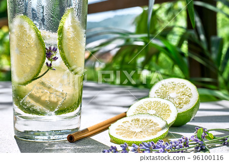 Cool lavender lemonade with lime slices and lavender flower on the table in tropical garden with palm. Healthy organic summer soda drink. Detox water. Diet unalcolic coctail. Cool lavender lemonade with lime slices and lavender flower on the table in tropical garden with palm. Healthy organic summer soda drink. Detox water. Diet unalcolic coctail. 96100116