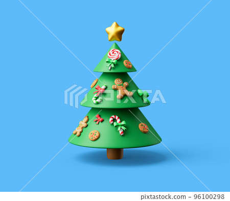 Simple decorated chistmas tree with star at the end and with sweets, cookies and bows on it 3d render illustration Simple decorated chistmas tree with star at the end and with sweets, cookies and bows on it 3d render illustration 96100298