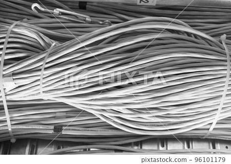 detail of large number of ethernet cables tied together connecting racks inside server room 96101179