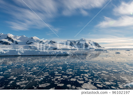 Antarctic seascape with icebergs and reflection 96102197