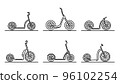 Set of flat design images of kick scooters with big wheels drawn in art line style. 96102254